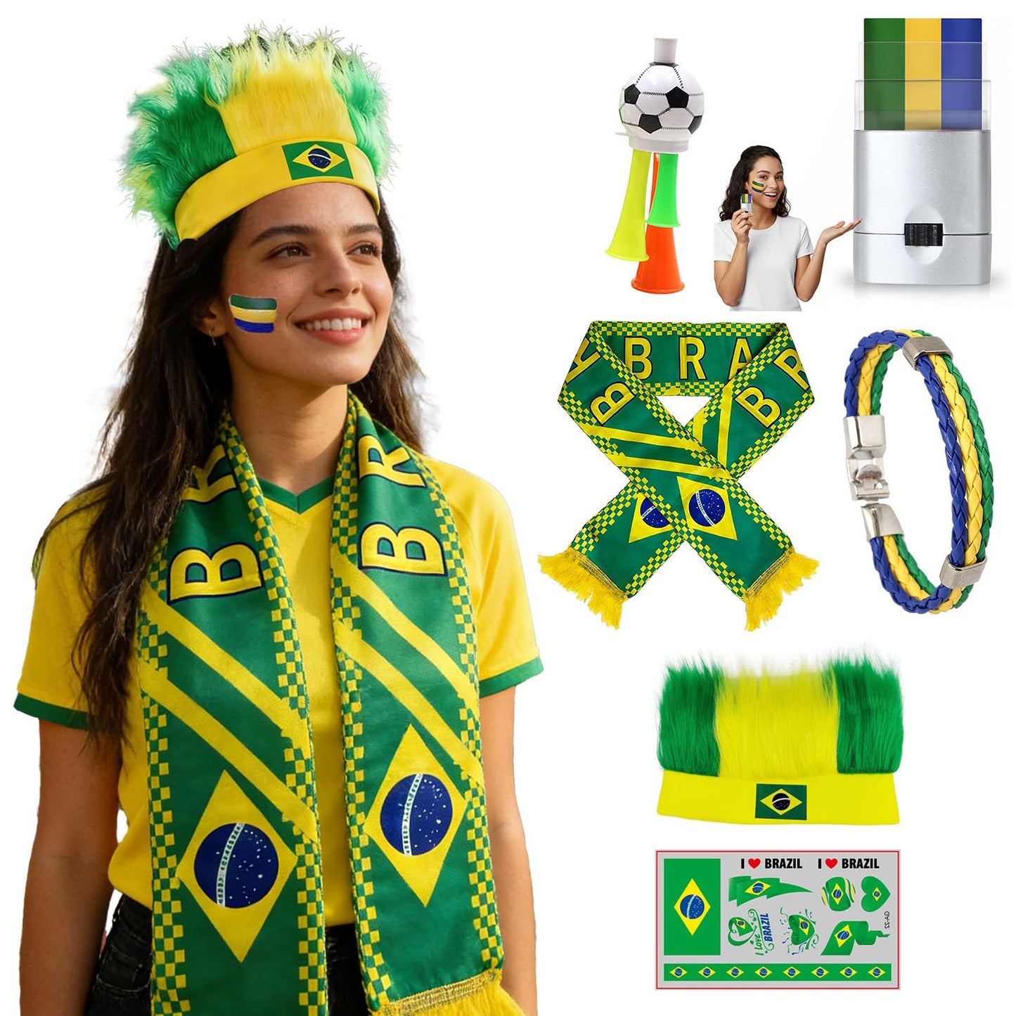 2026 Brazil Fan Kit - Face Paint Sticks, Flag Scarf, Hairy Headband, Wristband, Soccer Horns, Temporary Tattoo for Soccer, Football, Rugby, Baseball, Game Day, Watch Parties & National Celebrations