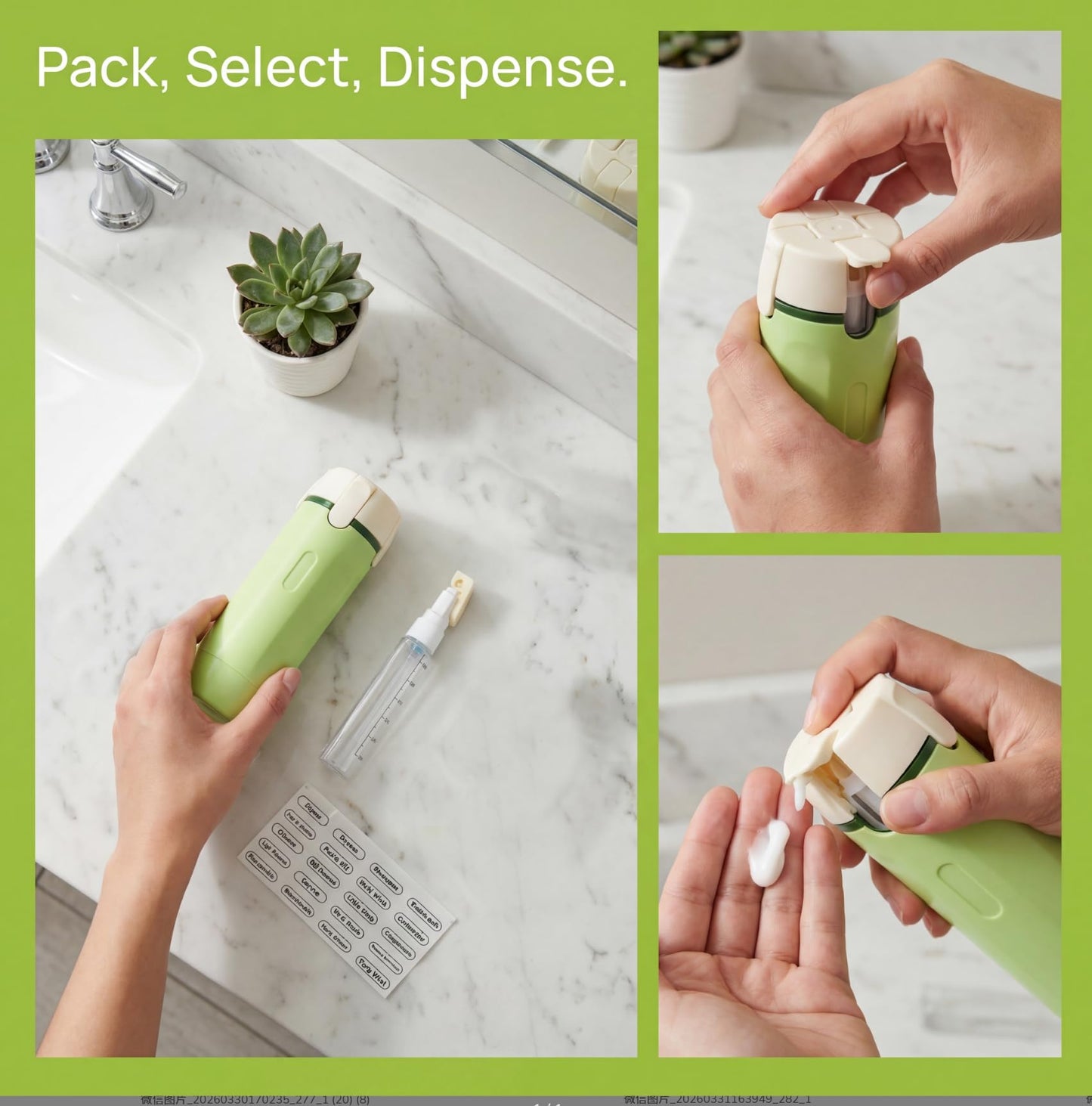 QYWFYZYR 4 in 1 Travel Dispenser Bottle, Travel Containers for Toiletries, Travel Shampoo and Conditioner Bottles, Refillable Travel Size Containers with Pump Bottle, Toiletry Organizer