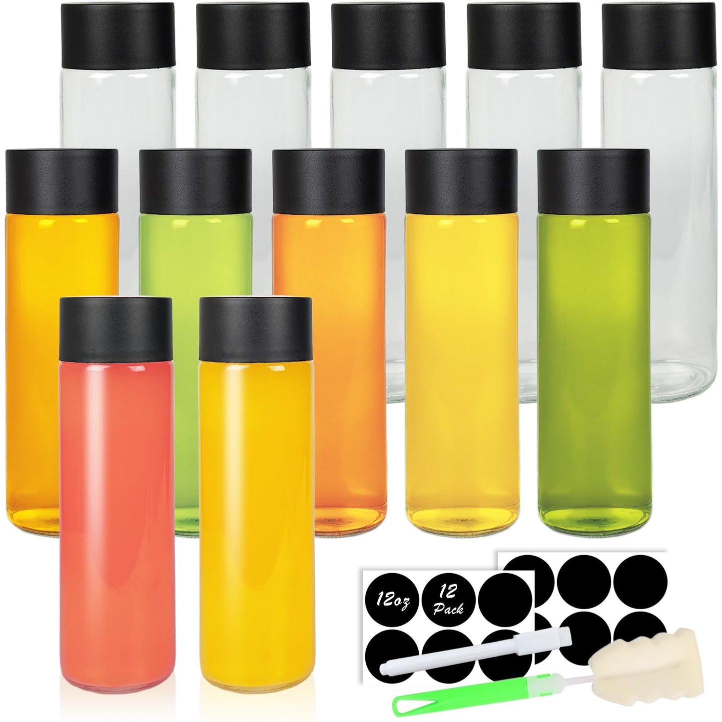 NEWMIAO 12Pack 12oz Glass Water Bottles with Lids, 350 ml Empty Glass Juice Bottles with Black Caps, Reusable Drink Containers Drinking Jars for Juicing, Milk, Beverages, Smoothies