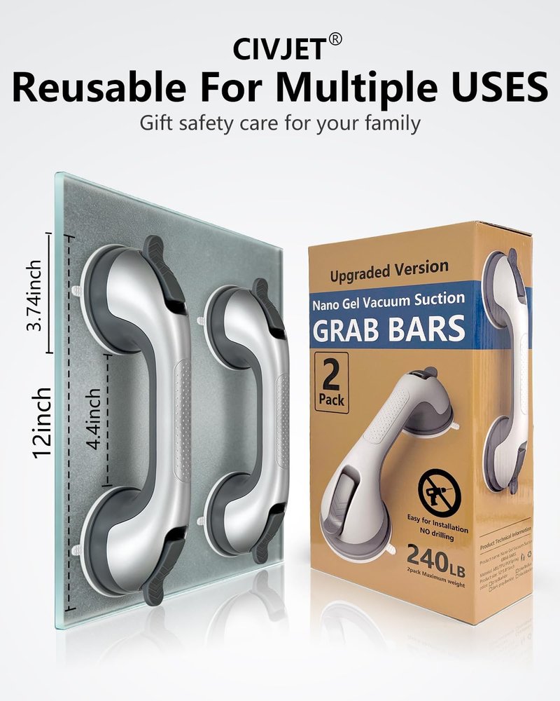 Shower Handles for Elderly Suction 2 Pack Grab Bars for Bathtubs and Showers, bar Safety 500 lbs Walls Handicap Heavy Duty Holder Hooks to Lift Large Tile Glass Suction Cups Tool Chair