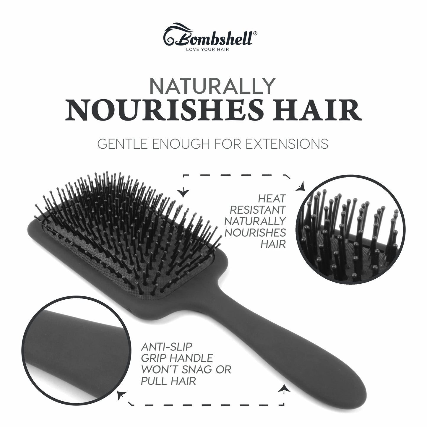 Bombshell Static-Free Cushioned Hair Brush — Finest Bristles, Soft Touch, Anti-Slip for Blow Drying, Styling, Straightening (Large)