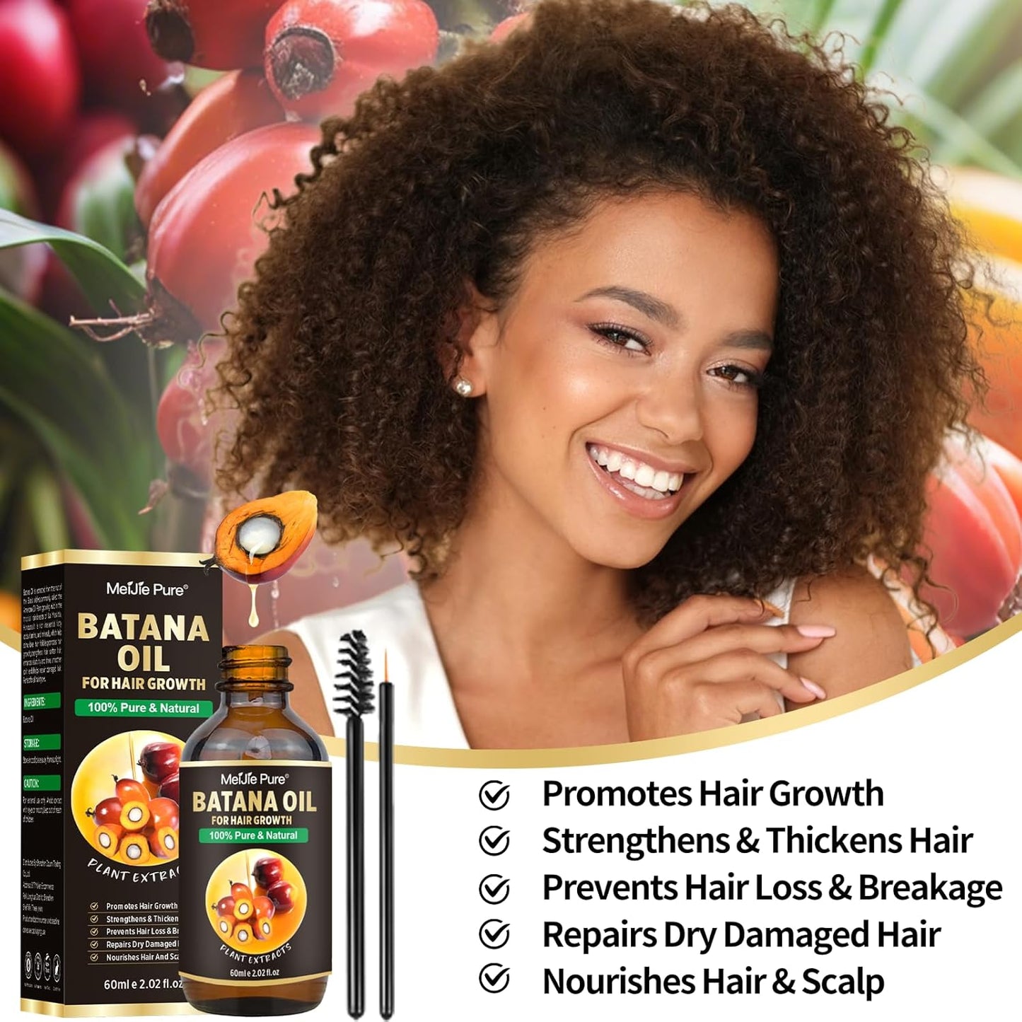 Batana Oil for Hair Growth - 4Pc Set with Hair Mask, Lash Wand & Brow Brush | Promotes Thickness & Prevents Hair Loss