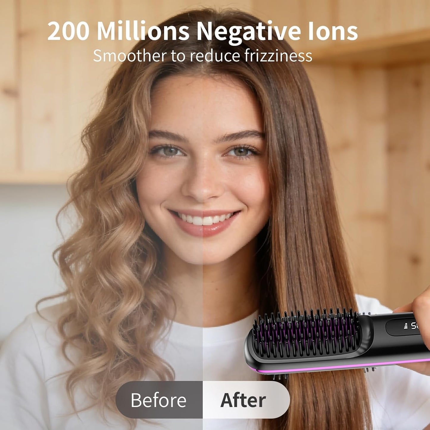 Cordless Hair Straightener Brush - Mini Travel Comb with 200 Million Negative Ions | 3 Temp Settings, Fast Heating