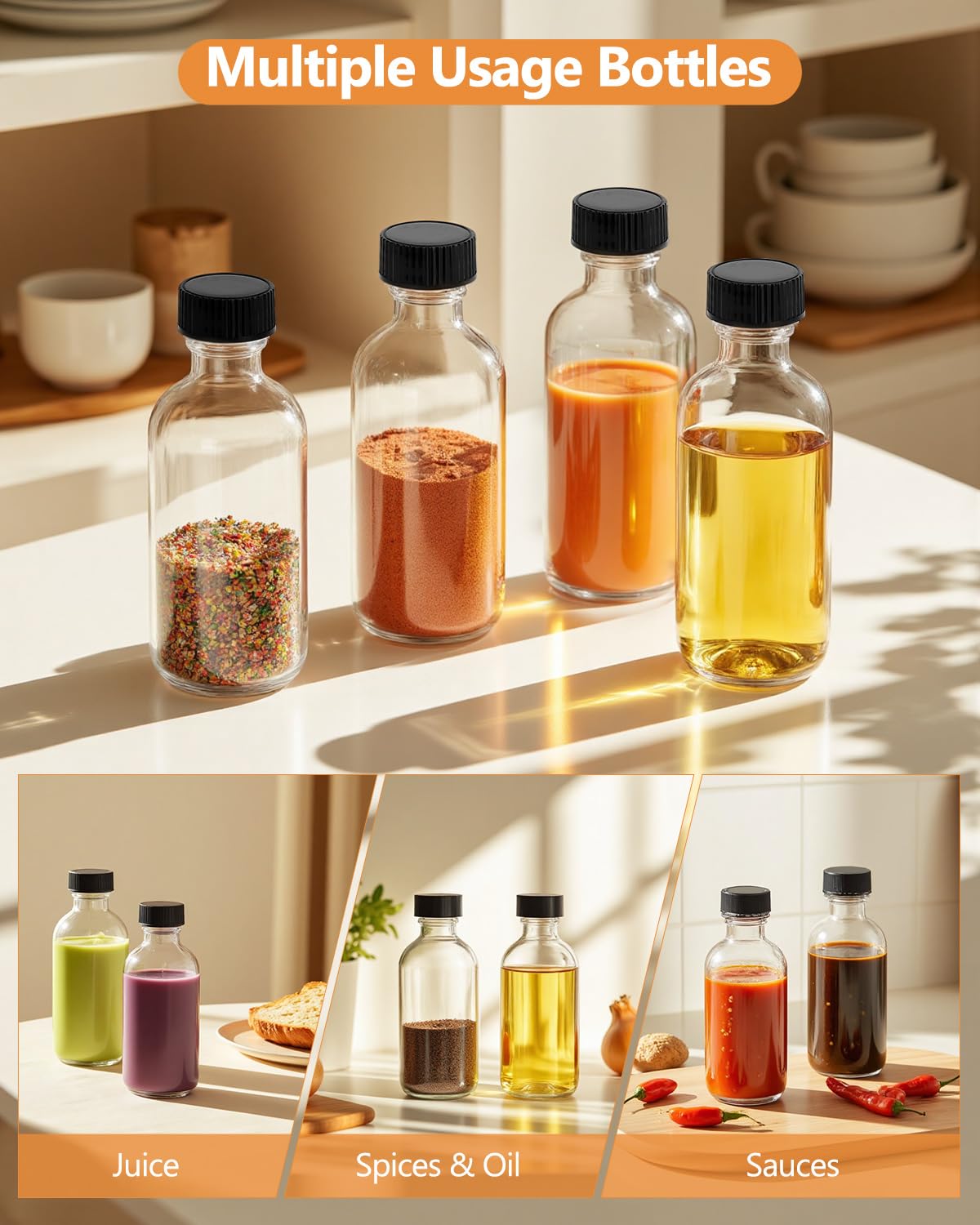 Rionisor 4OZ Small Glass Bottles with Lids and Funnels, 120ml Boston Round Glass Bottles, Leak Proof Mini Travel Bottle, Perfect for Diy Essential Oils, Hot Sauce and Juices, 6 Pack Clear