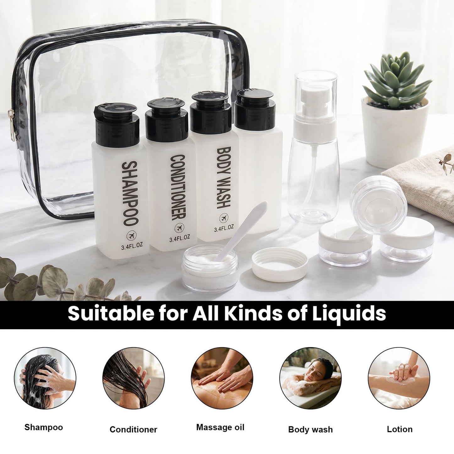 Decorniqu 14PCS 3.4oz Travel Bottles for Toiletries Pre-Printed Shampoo, Conditioner, Body Wash, Wide Mouth Containers TSA Approved 2oz Travel Spray Bottle Leak Proof Plastic Cream Jars(Black&White)