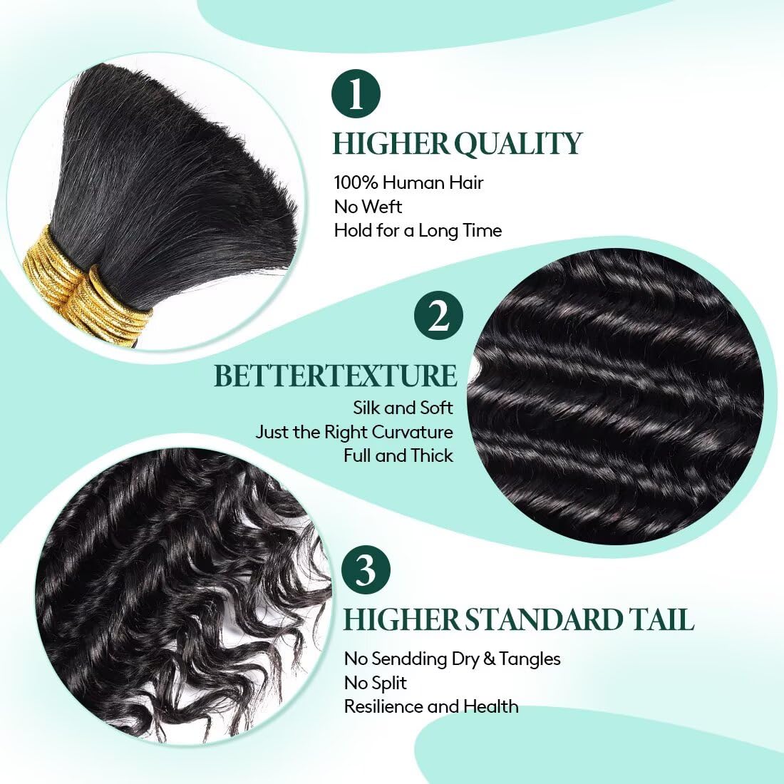 Boho Hair for Braiding, Curly Virgin Human Braiding Hair for Women, 12A Knotless Deep Wave Bulk Bohemian Styles, 150g 16 Inch 3 Bundles/Pack Natural Black