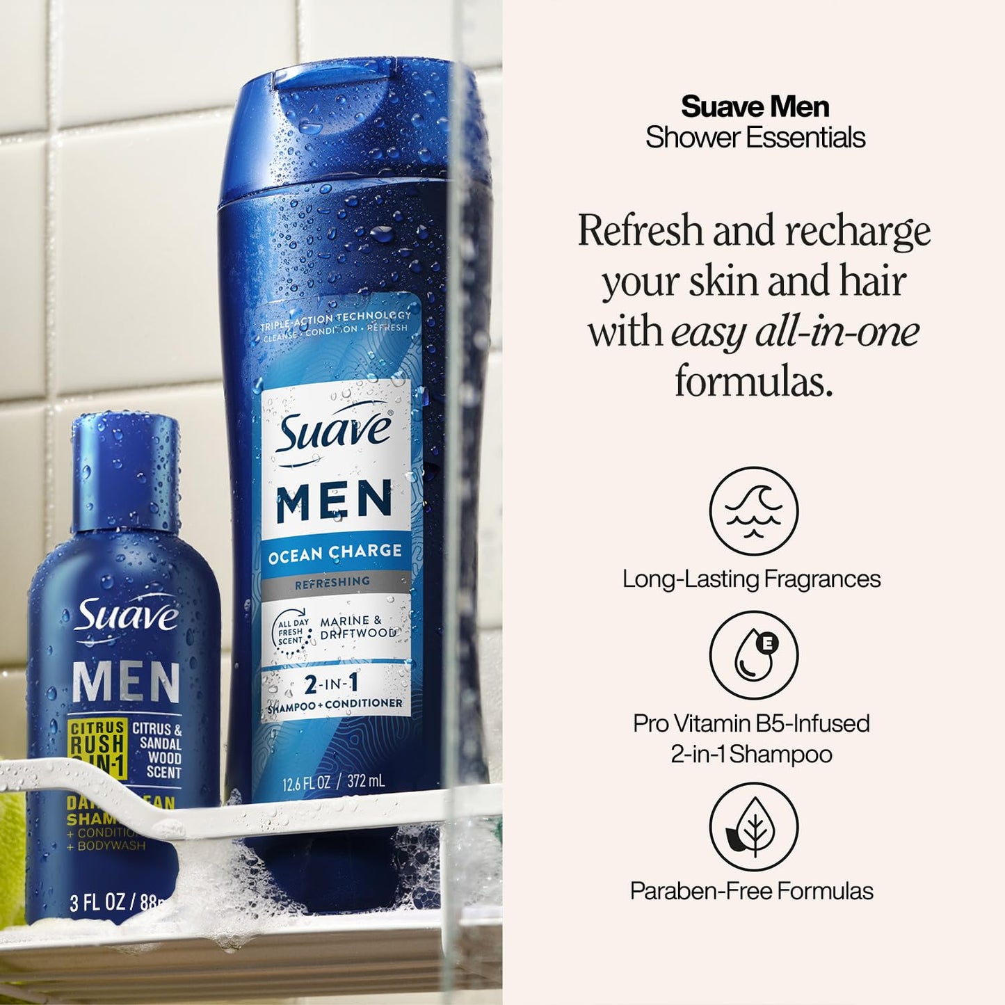 Suave Body Wash, Shampoo & Conditioner 3-in-1, Citrus Rush for Men, Travel Size + Shampoo and Conditioner 2-in-1, Ocean Charge for Men, Full Size, Twin Pack (3 Piece Set)
