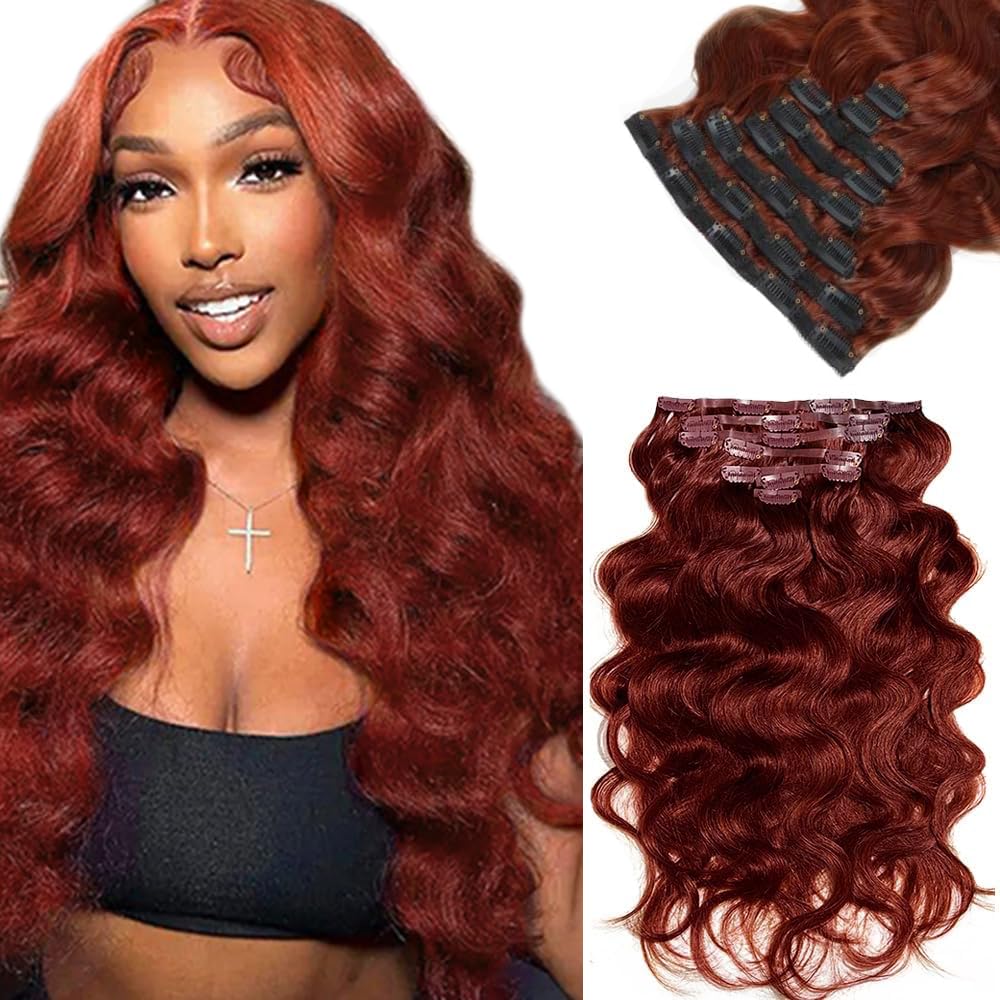#33 Reddish Brown Clip in Hair Extensions Real Human Hair, 22 Inch 120g/7Pcs,Full Shine Remy Human Hair,Copper Red Body Wave Clip ins Brazilian Virgin Human Hair Extensions