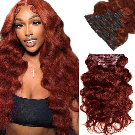 #33 Reddish Brown Clip in Hair Extensions Real Human Hair, 22 Inch 120g/7Pcs,Full Shine Remy Human Hair,Copper Red Body Wave Clip ins Brazilian Virgin Human Hair Extensions