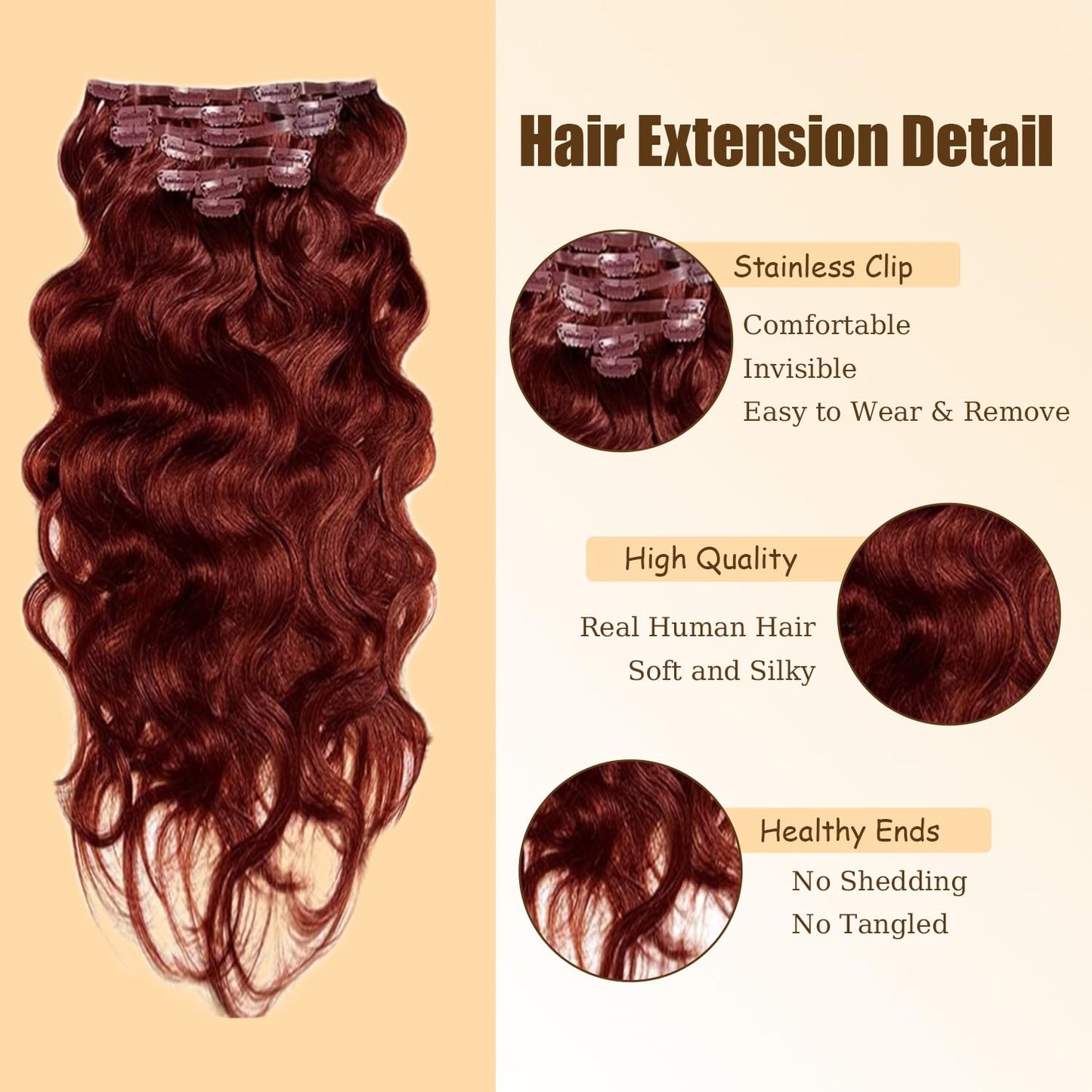 #33 Reddish Brown Clip in Hair Extensions Real Human Hair, 32 Inch 120g/7Pcs,Full Shine Remy Human Hair,Copper Red Long Wave Clip ins Brazilian Virgin Human Hair Extensions