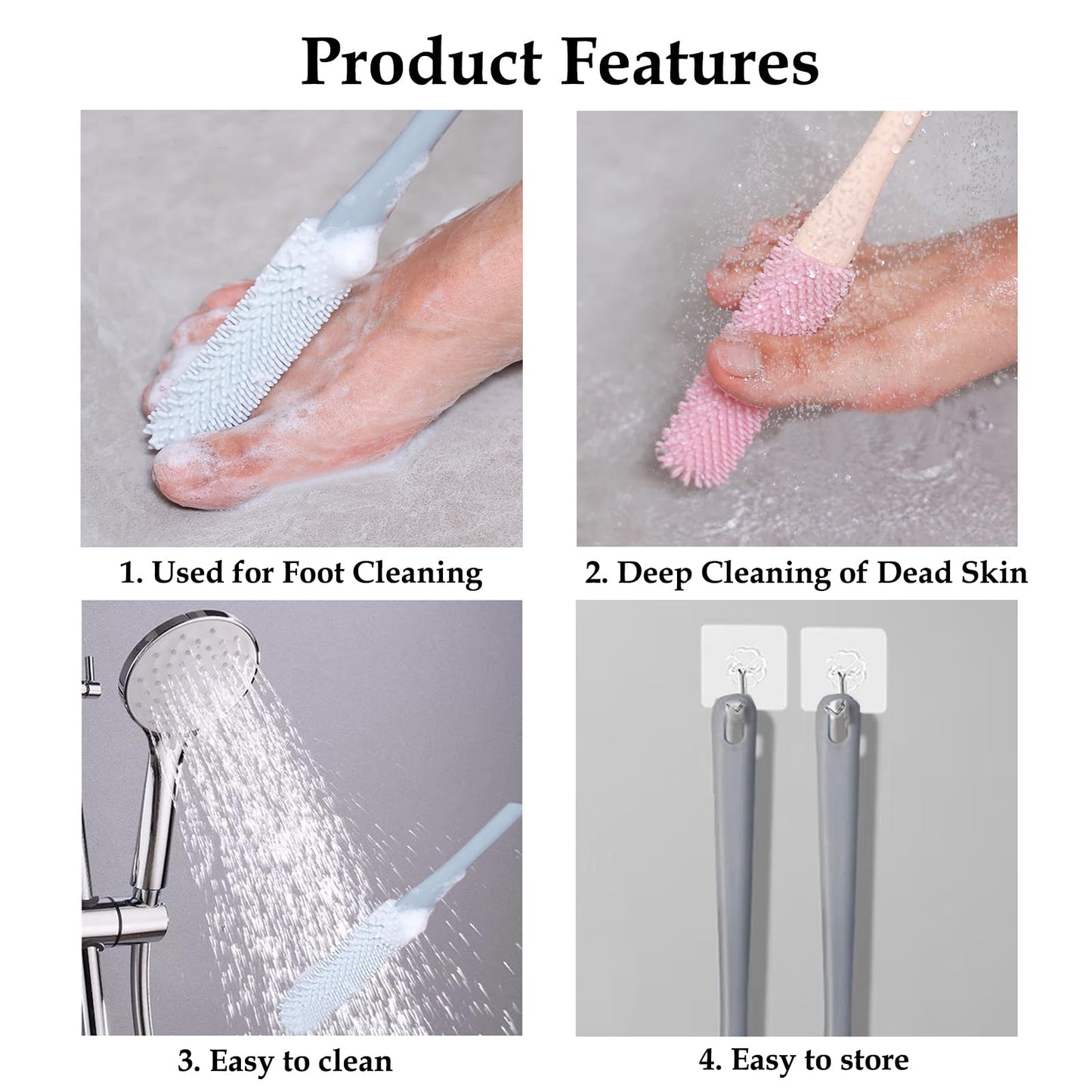 Toe Cleaning Brush, 15.7" Foot Scrubber with Long Handle - Shower Foot Brush Soft Feet Care Scrub Toe Scrubber for Exfoliating - Men, Women & Seniors (Gray)