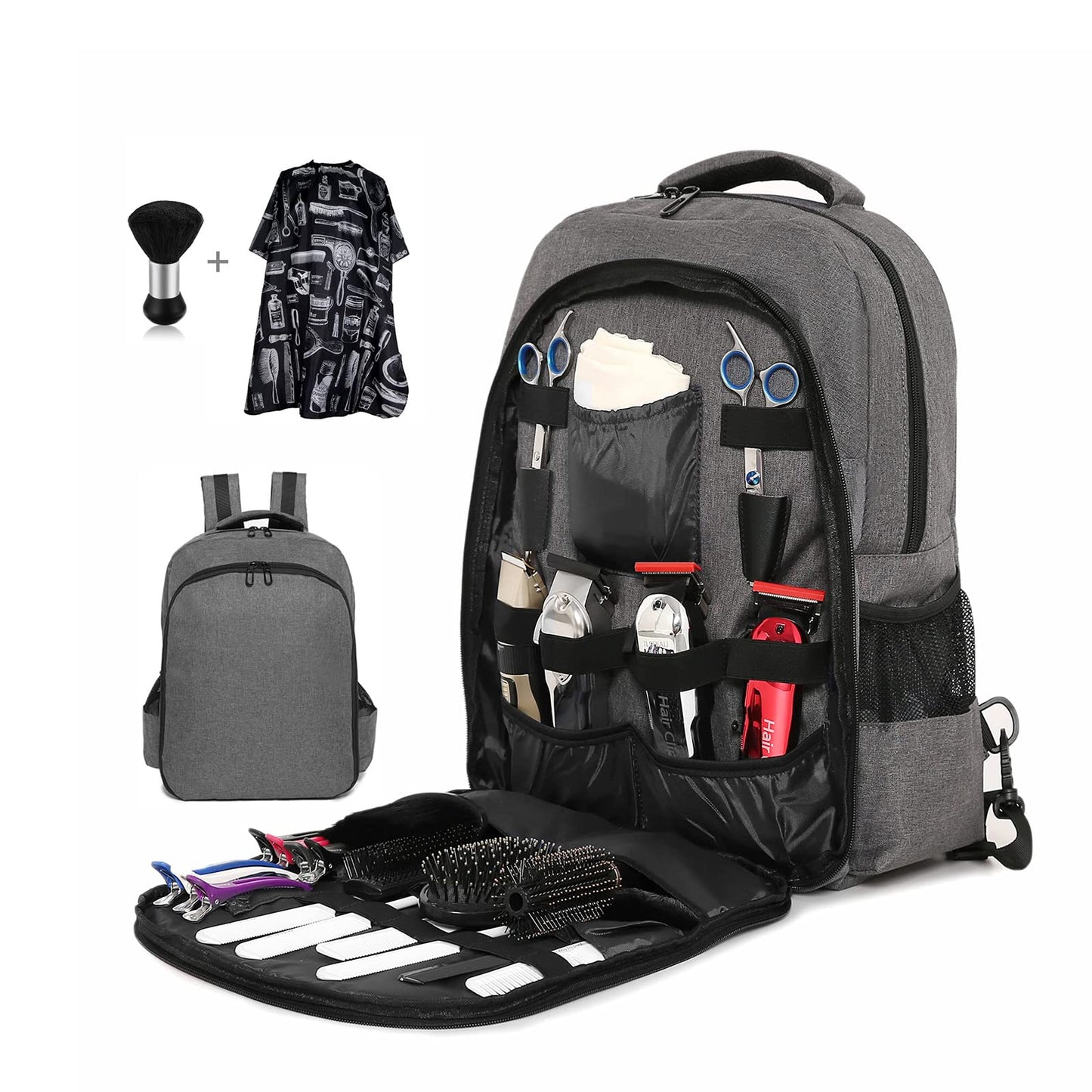 Barber Supplies Backpack with 1PCS Barber Cape&1PCS Barber Brush,Professional Hair Cutting Tools Bag,Casual Gray,Large Capacity,Three Layer,Mobile Barber Accessioes Station for Barbers