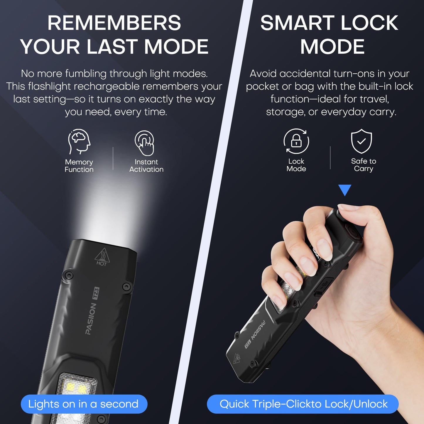 EDC Tactical Flashlight,1500 Lumen Flat Flashlights Rechargeable,Dual-Switches LED Small Flashlight with Digital Display,Stainless Steel 8 Modes Pocket Flash light for Home, Camping,and Emergency Use