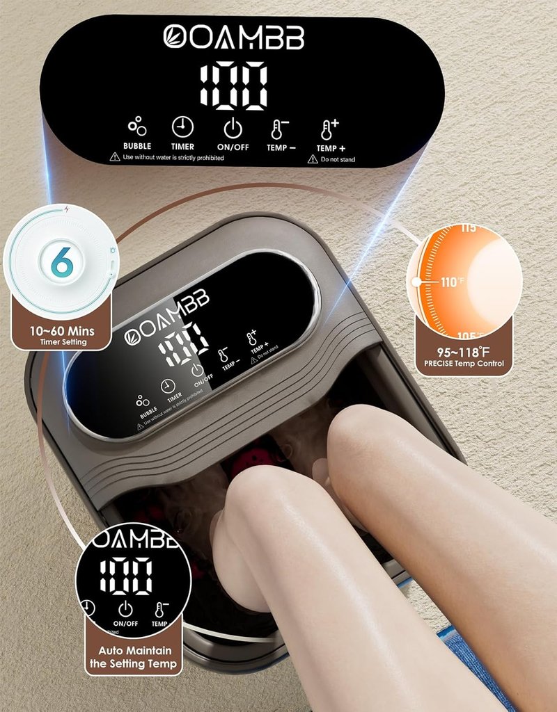 Collapsible Foot Spa - Heated Bubble Bath Massager with XL Touch Screen & Massage Rollers | Grey