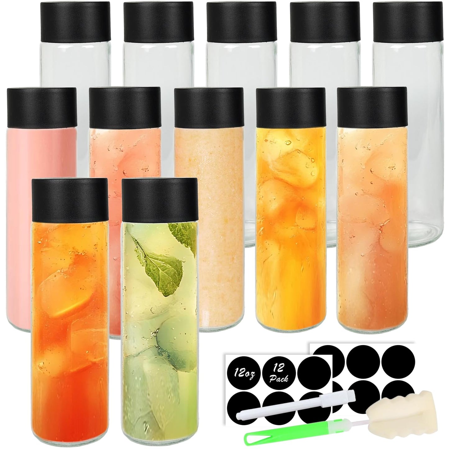 NEWMIAO 12Pack 12oz Glass Water Bottles with Lids, 350 ml Empty Glass Juice Bottles with Black Caps, Reusable Drink Containers Drinking Jars for Juicing, Milk, Beverages, Smoothies