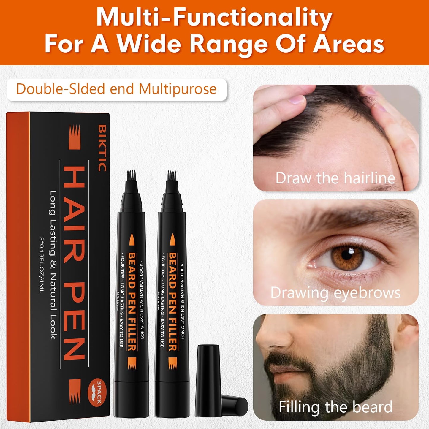 3-Pack Beard Pencil Filler for Men (Black), Four-fork Tip Beard Styling Pen, Waterproof Sweat Proof Long Lasting Beard Pencil,Effectively Enhances Facial Hair