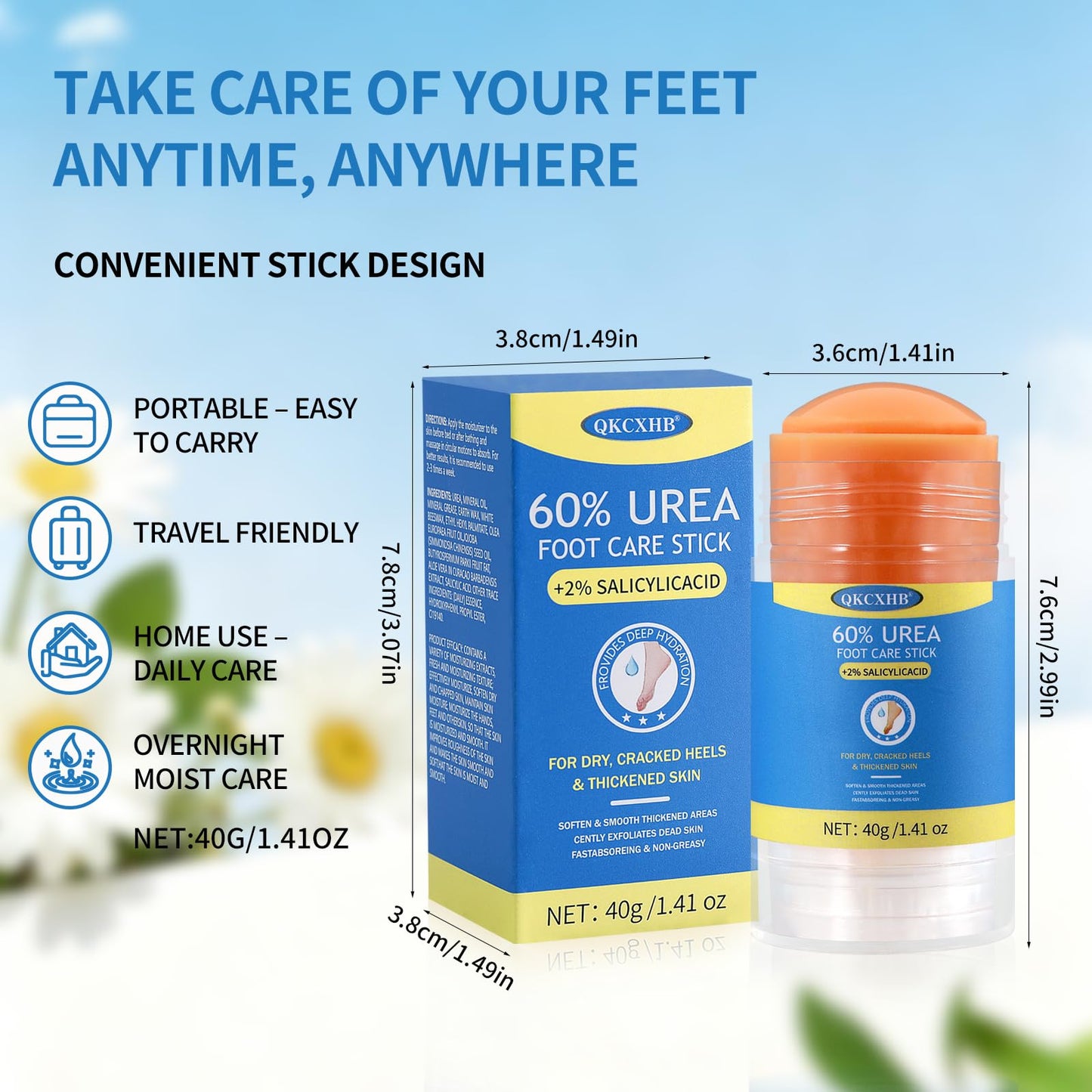 60% Urea Foot Cream Stick Plus 2% Salicylic Acid - Maximum Strength Callus Remover for Dry Cracked Heels & Feet - Touch-Free Exfoliating Moisturizer Bar for Rough Elbows, Knees & Sensitive Skin