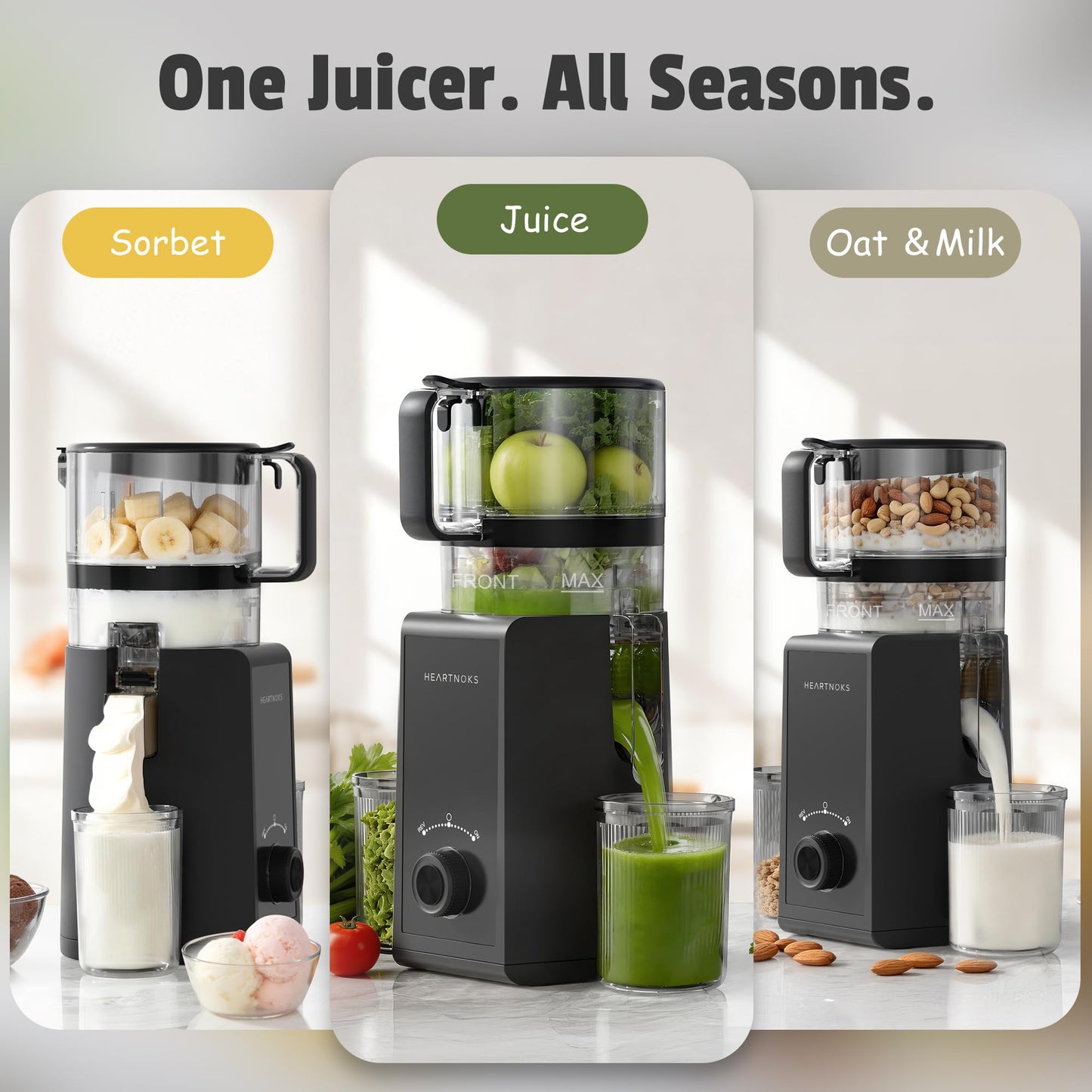 Heartnoks Juicer Machines, 6.5" Extra-Wide Feed Chute Cold Press Juicer for Whole Fruits, Easy to Clean 3-in-1 Juice, Sorbet & Nut Milk Maker, 300W Masticating Juicer for Home & Gifting