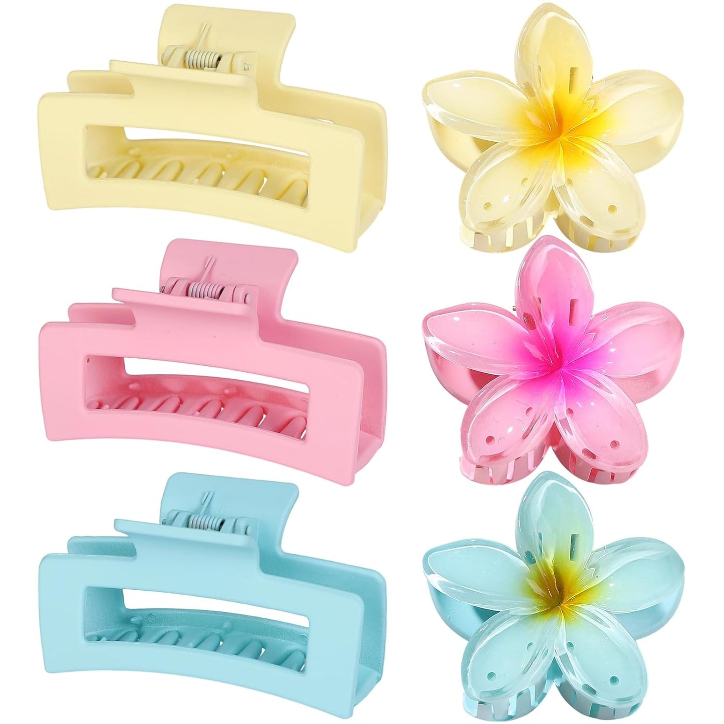 Flower Hair Clips - Square Claw Clips for Thick or Thin Hair | 6 PCS Hawaiian Hibiscus & Plumeria Styles (Pink)