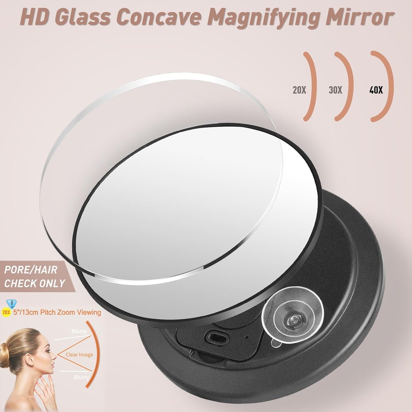 40x Magnifying Makeup Mirror - Compact Travel Vanity Mirror with Suction Cup | Portable Handheld Design