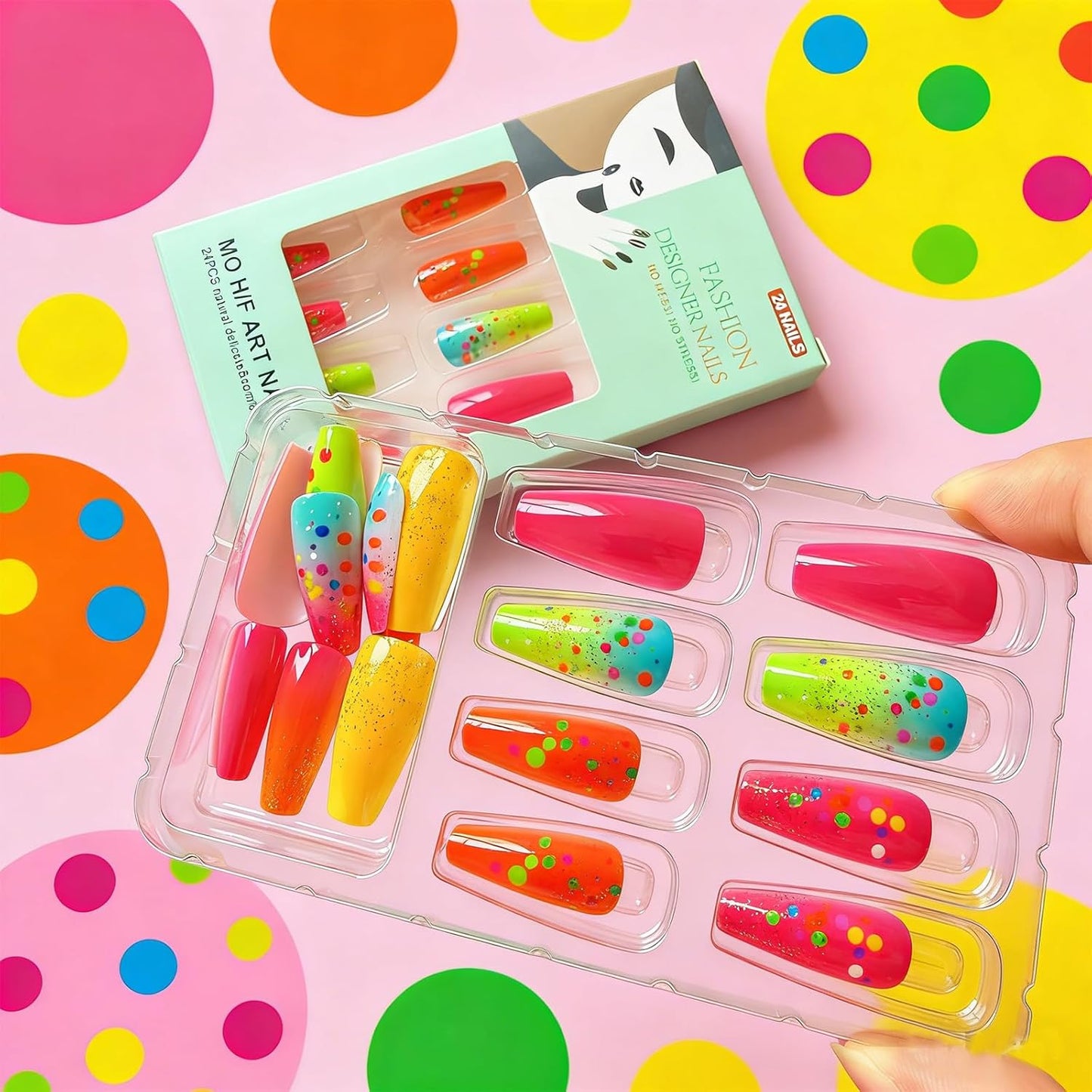 Medium Coffin Press-On Nails - Colorful Gradient Polka Dot Design | 24 Reusable Full Cover Nails for Women