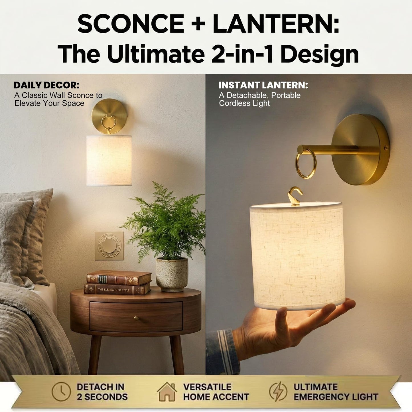 Detachable Wall Sconces Battery Operated With Hanging Hook,10000mah Battery Operated Wireless Wall Sconces Set of Two,12 RGB Gold Sconce With Remote,Renter Friendly Wall Lamps for Living Room,Bedroom