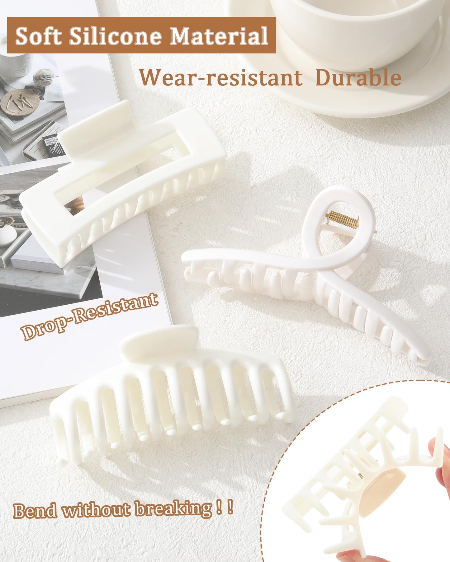 3 Styles Large Hair Clips for Women, Strong Hold Matte Non Slip Silicone Hair Clips, Soft Cozy for Long Thin Thick Hair, Claws Combination for Women and Girls