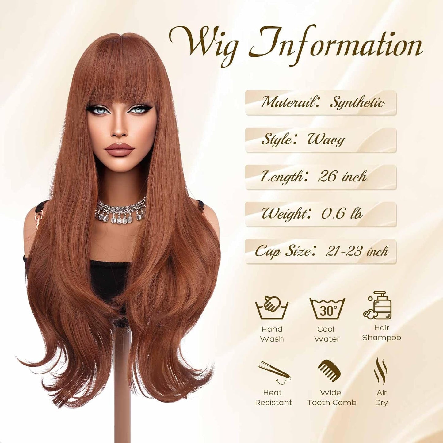 Auburn Wigs with Bangs - Long Layered Synthetic Heat-Resistant Wavy Hair | 26 Inch for Daily Wear & Parties
