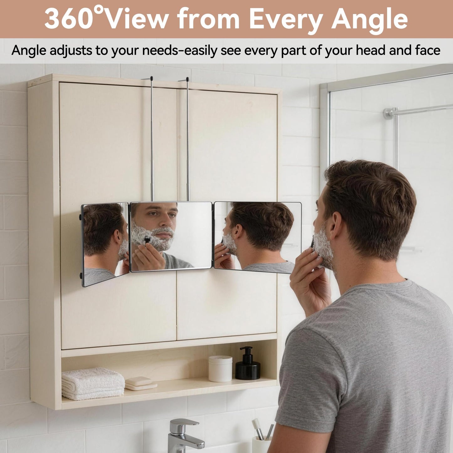 3 Way Mirror for Self Hair Cutting-360° Barber Self Cut Trifold Mirror to See Back of Head,Hangable & Foldable, Portable for Home & Travel Grooming, Braiding, Shaving & Makeup for Men Women (Black)