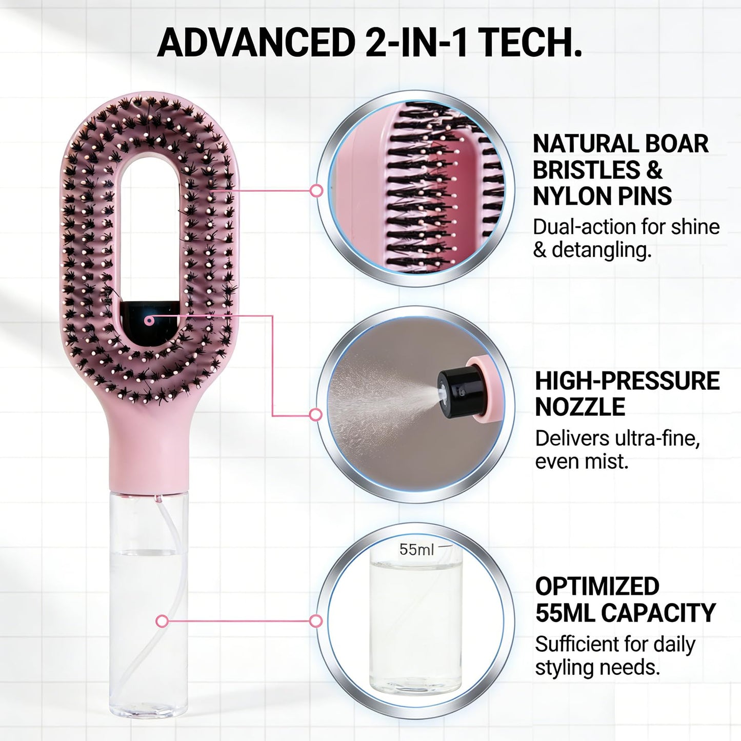 Hair Brush with Water Spray, 2-in-1 Detangling Tool for Frizz Control, Works on Wet & Dry Strands, Portable Mist Comb for Thick, Curly & Fine Textures(2pcs pink)