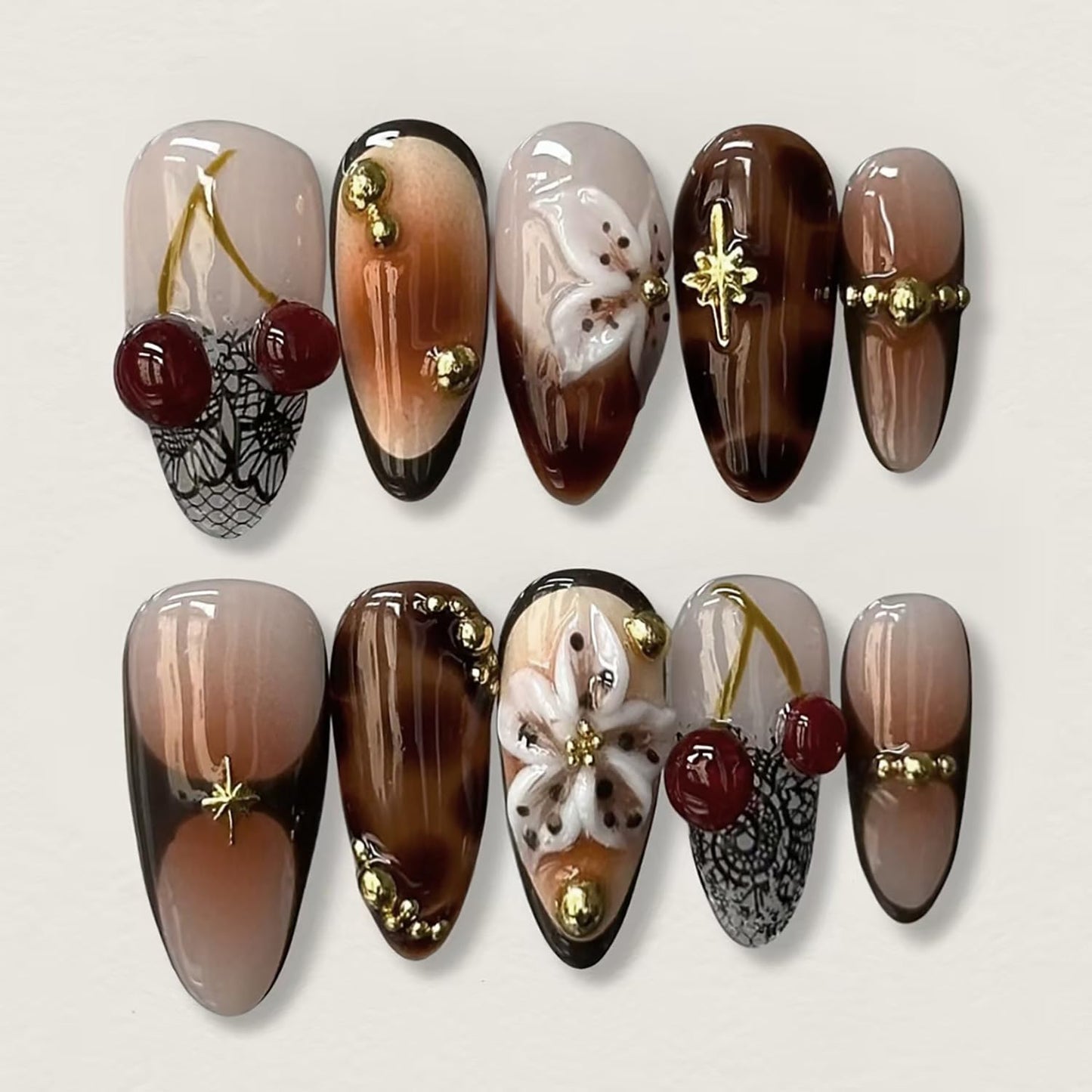 Summer Beach Press-On Nails Set - 24Pcs Medium Almond Floral Design with 3D Starfish & Seashell | Full Cover Ocean Manicure for Women
