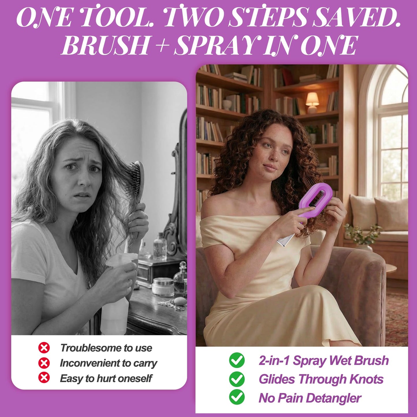 2-in-1 Misting Hair Brush with Built-In Water Spray, Fine Mist Detangling Hairbrush for Curly, Thick & Wavy Hair, Anti-Frizz Wet & Dry Styling Tool with Refillable Reservoir(1, Purple)