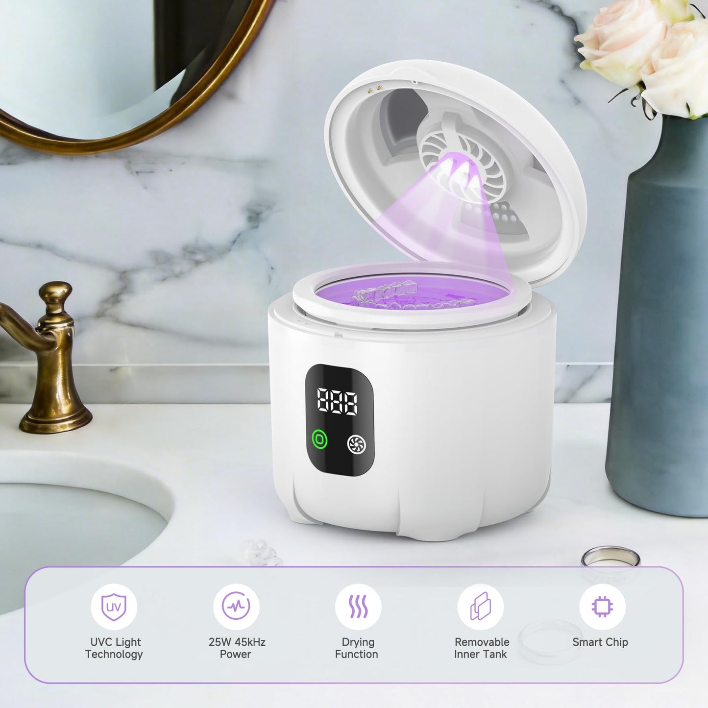 Ultrasonic Retainer Cleaner 25W Portable Ultrasonic Denture Cleaner Multi-Mode 45KHz with Drying and Removable Inner for Dental Trays, Braces, Jewelry, Toothbrushes, Mouth Guards, Aligners,Ring White
