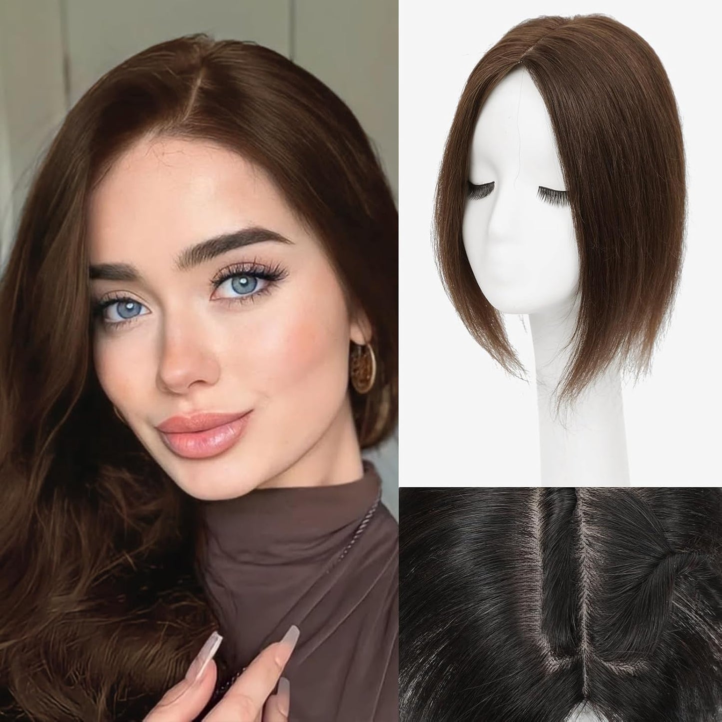 Hair Toppers for Women - Real Human Hair 14 Inch Clip-In Curtain Bangs | Big Base 360° Coverage (Light Brown)