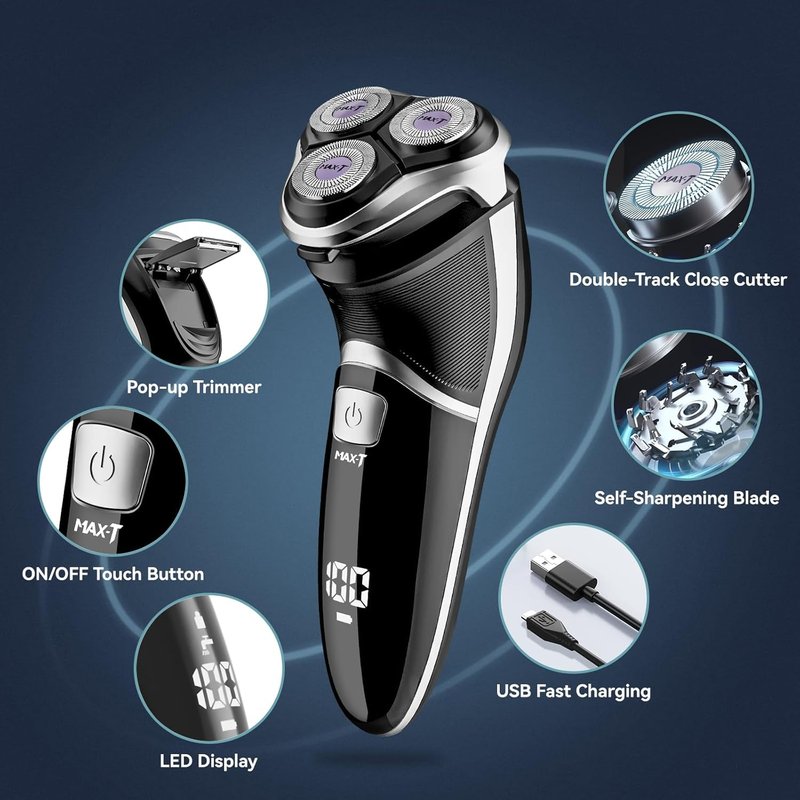 Men's Electric Shaver - MAX-T Corded and Cordless Rechargeable 3D Rotary Shaver Razor for Men with Pop-up Sideburn Trimmer Wet and Dry, IPX7 Waterproof, Plug & Play