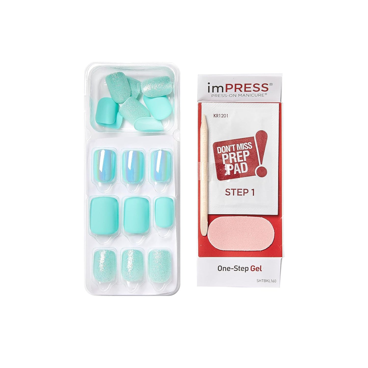 Kiss Impress No Glue Mani Press-On Nails - 'Rain Check' Blue Squoval Design | Short Size, 30 Nails & Accessories