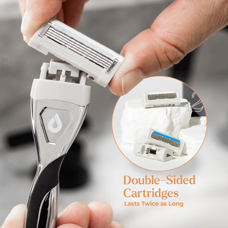 REVOLV - Men’s Razor Shaving Kit - 1 Premium Weighted Handle + 9 Dual-Sided Cartridges + 1 Stand - For a Closer, Smoother Shave - Safe on Sensitive Skin - 8 Razor Blade Refills - Black