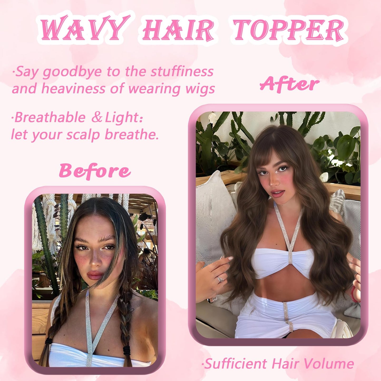 OOPPOO Hair Toppers for Women, 20 Inch Hand Tied Breathable Toppers Hair pieces for Women with Thinning Crown Curtain Bangs Mix Human Hair Clip in Curly Lightweight Wiglets(Chestnu Brown)