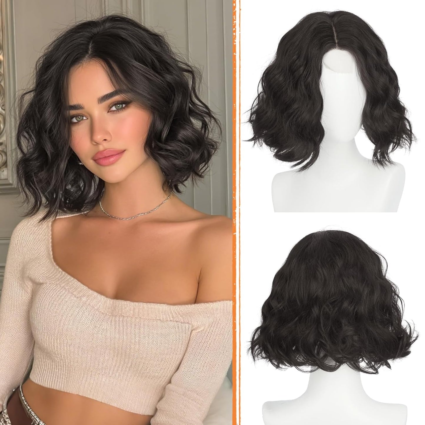 Blonde Bob Wig - Lace Front Short Wavy Curly Synthetic Hair | 11 Inch with Highlights for Women