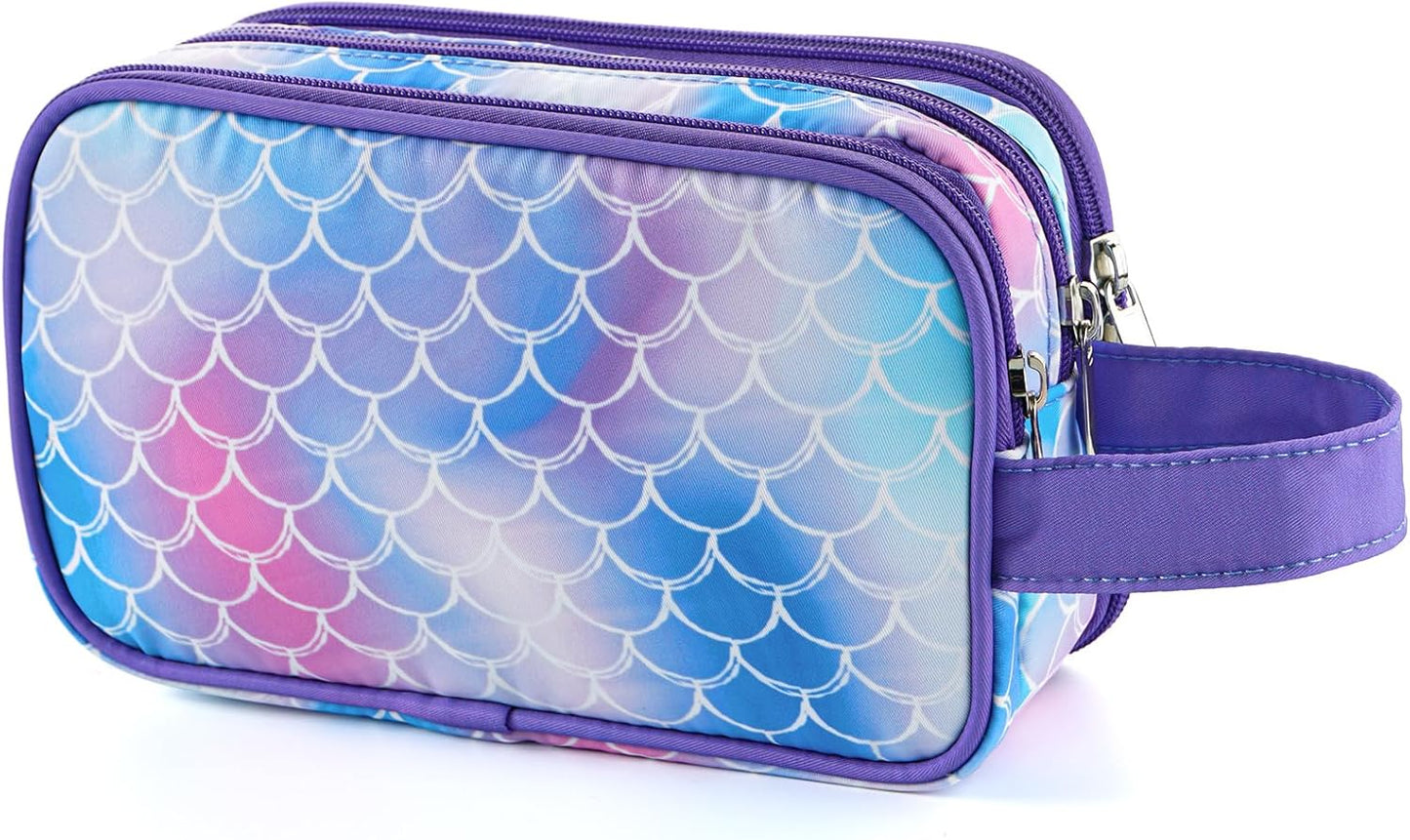 Kids Toiletry Bag - Waterproof Mermaid Scales Travel Cosmetic Bag for Girls | Hanging Wash Bag