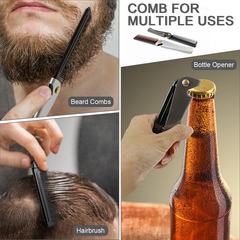 Foldable Stainless Steel 2 in 1 Pocket Comb and Bottle Opener - Folding Beard Comb for Men, 2 Pack