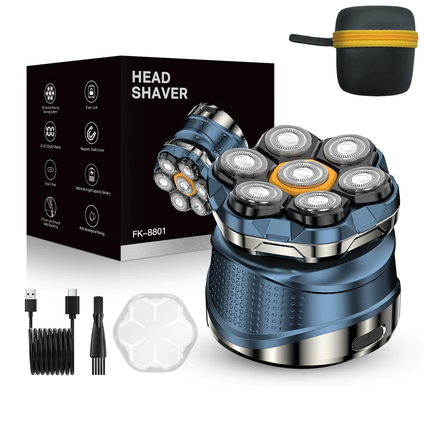 Head Shavers for Bald Men - IPX7 Waterproof Electric Razor with 7D Floating Rotary Blades, LED Display, Wet/Dry Close Shave Grooming Kit for Bald Head, Body, Beard - Ideal Gifts for Men