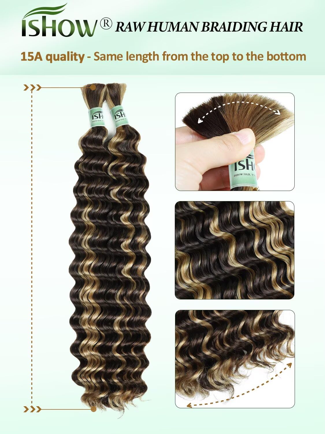 ISHOW Raw Human Braiding Hair 100% Unprocessed Virgin Human Hair 15A Deep Wave Boho Hair 100g 18 Inch (2 Packs) NO.1 Premium Quality Boho Hair Producer Long Lasting Ombre Honey Blonde Color P4/27