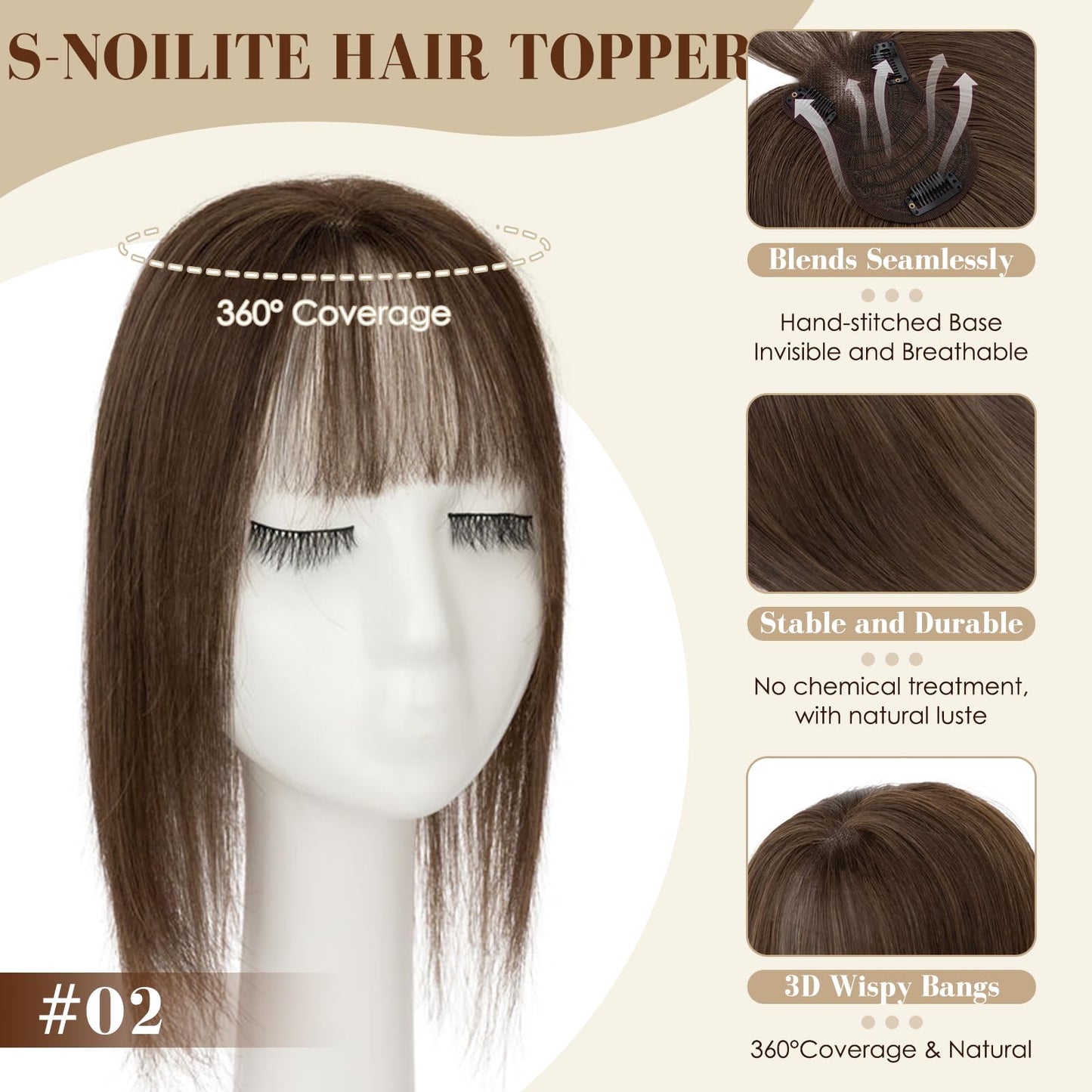 S-noilite Human Hair Topper with Bangs 360°3D Cover Toppers Hairpieces for Women Bangs Hair Clip Mocha Brown 12inch