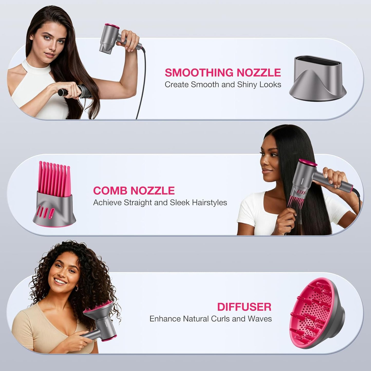 High-Speed Hair Dryer - 110,000 RPM Brushless Motor, 1875W Ionic Blow Dryer with Comb & Diffuser | Low Noise, Travel-Friendly (Gray)