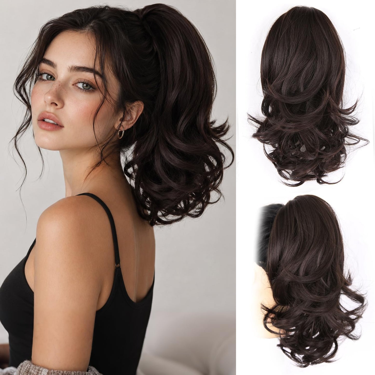 ZQIAN BEAUTY Clip in Ponytail for Women - 14 Inch Curly Ponytail Extension, Wavy Pony Tails Hair Extensions, Synthetic Hair Extensions Ponytail, Natural Hair Pieces for Women (Color: Brown)