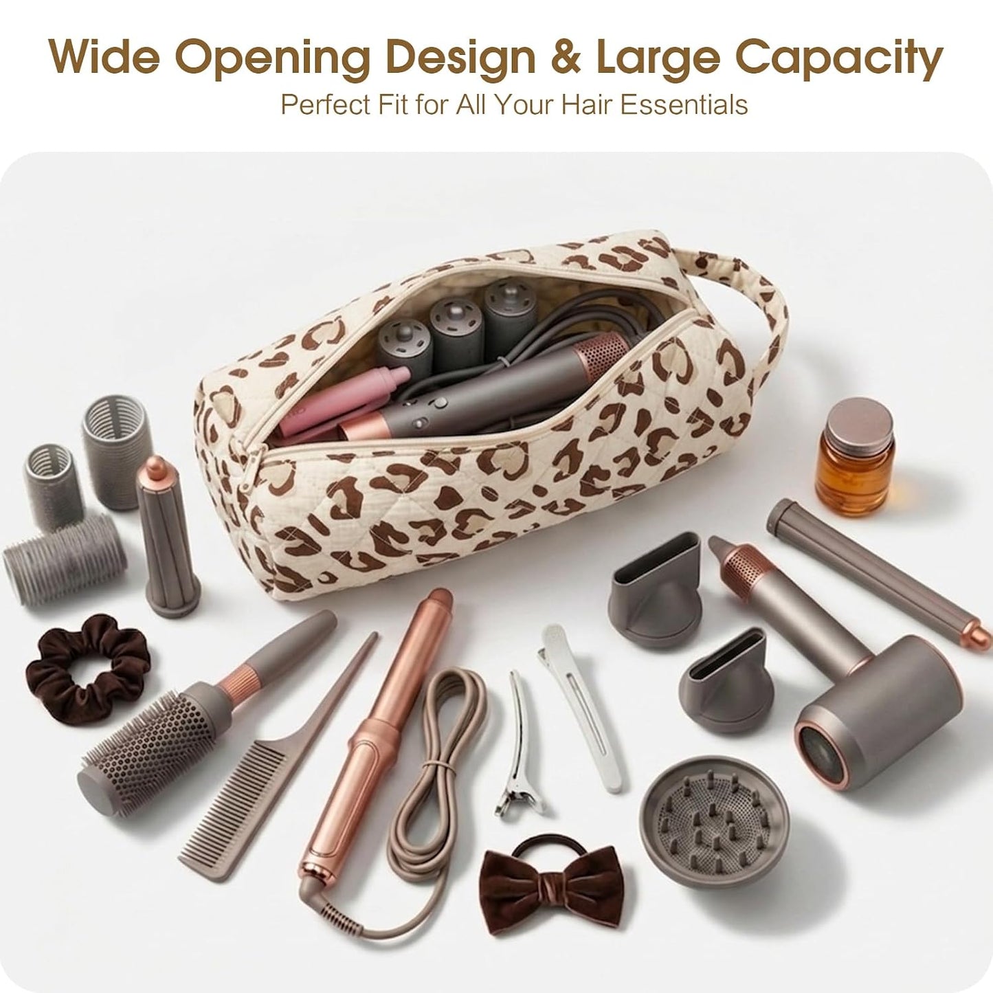 Quilted Travel Bag for Hair Tools - Compatible with Dyson Airwrap & Shark Flexstyle | Large Leopard Organizer