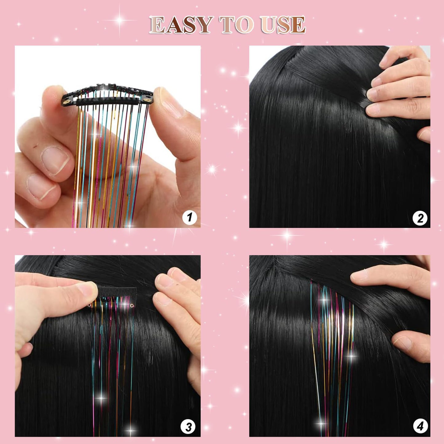USHUIUS Hair Tinsel Clip in 12Pcs Silver Tinsel Hair Extensions Clip in Hair Tinsel Fairy Glitter Hair Tinsel Kit Heat Resistant Sparkly Hair Accessories for Girls Women Kids (12Pcs SILVER)