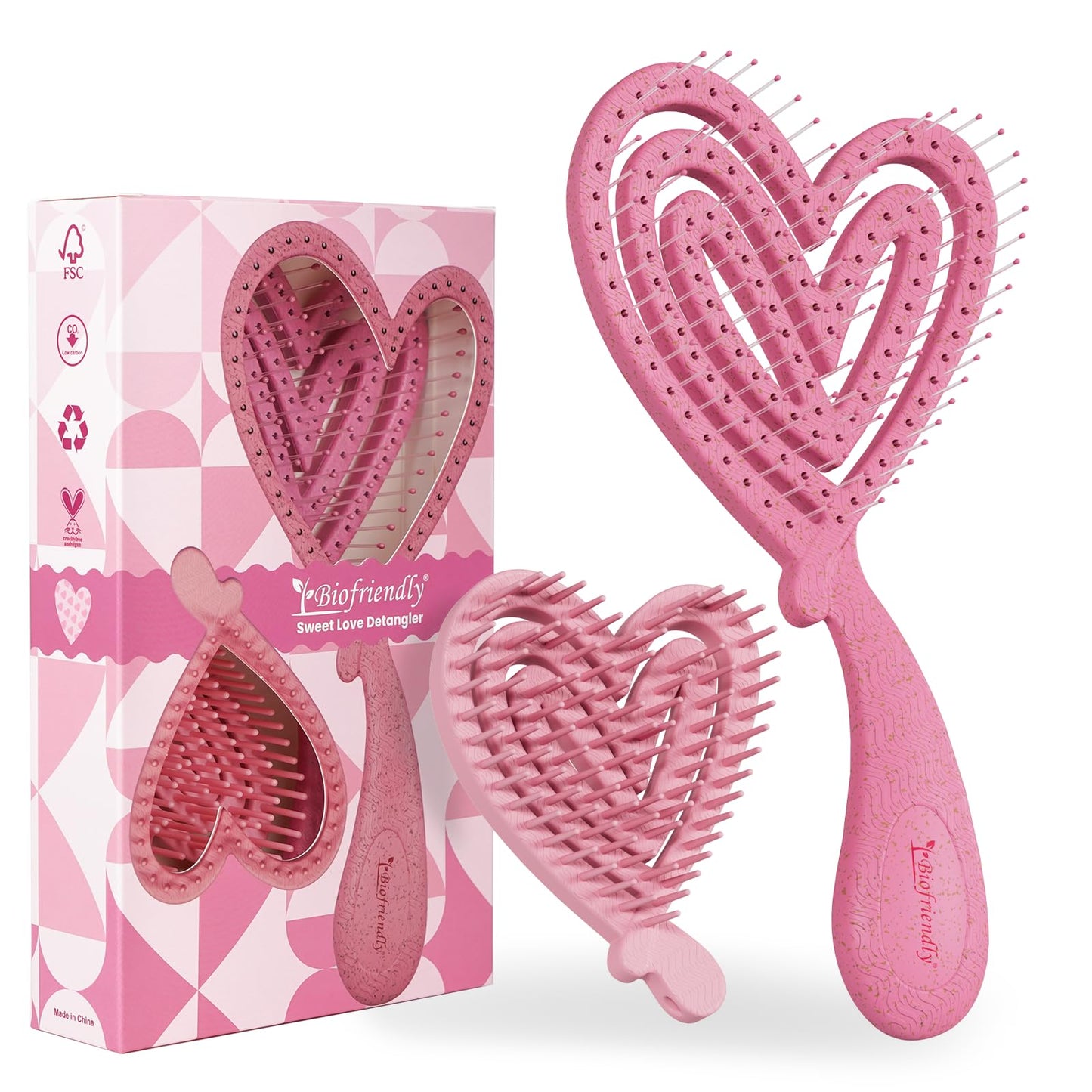 Biofriendly Heart-Shaped Detangling Hair Brush Set, Large & Mini, Dew Mint