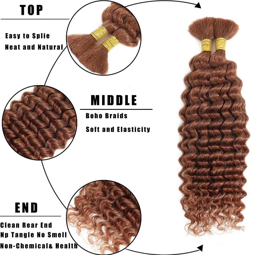 28 28 Inch Color 30 Boho Human Hair Light Brown Boho Hair For Braiding #30 Braids Deep Wave Color 30 Braids Brown Bulk Bohehemian Braiding 100g